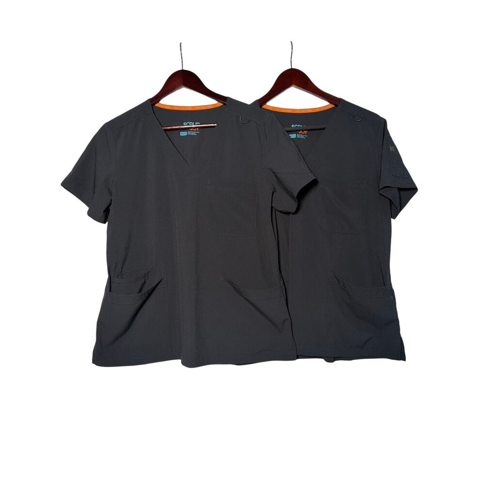 Scrub Joy Bundle (2) Tops Med Black SS Pockets Soft Nursing Medical Healthcare